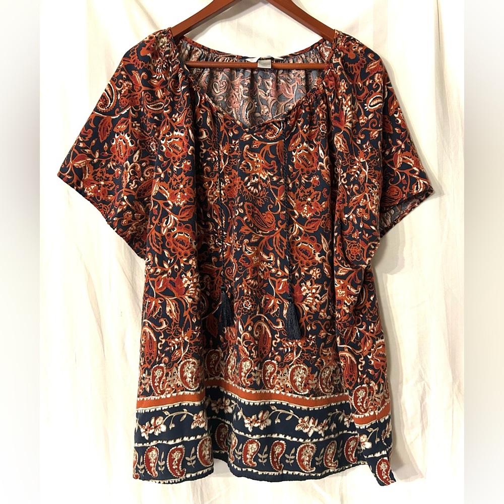 CJ Banks Paisley Print Blouse in Orange and Navy